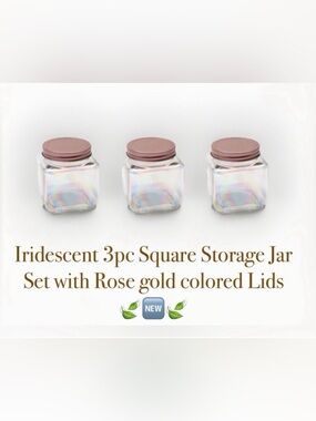 Square Iridescent glass jar with a rose gold lid Set of 3 ~New~